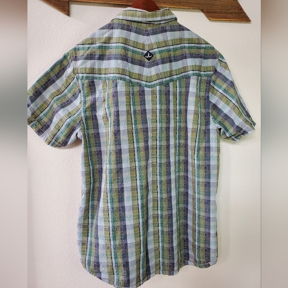 Prana Mens Short Sleeve Snap Front Shirt. Green/blue/gray plaid. Size L - Picture 5 of 5